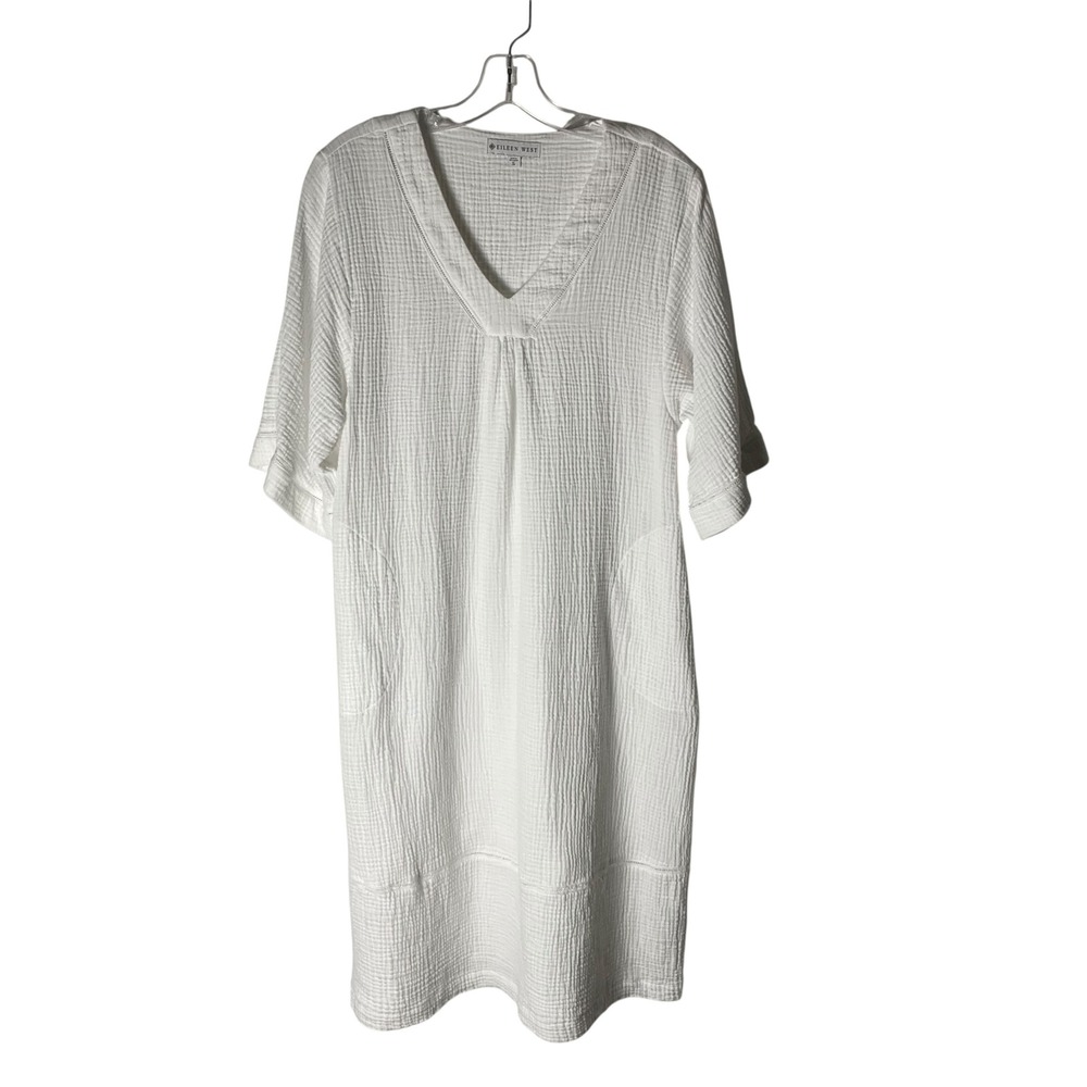 Eileen West Cotton Gauze Night Gown‎ Sleepwear Short-Sleeve Pocket White Small